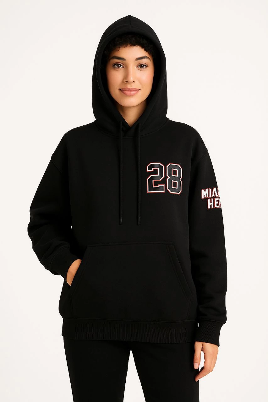 Kadın 3 İplik Pamuklu Kapüşonlu Kanguru Cepli Baskılı Hoodie Sweatshirt - Siyah