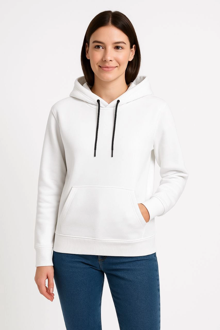 Kadın Kapüşonlu Kanguru Cepli 3 İplik Pamuklu Oversize Hoodie Sweatshirt - Beyaz