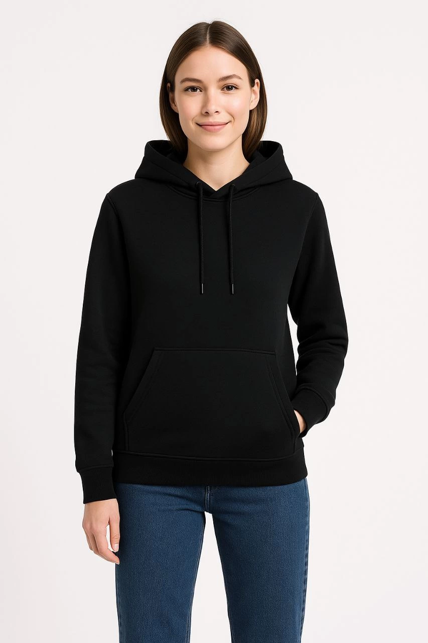 Kadın 3 İplik Pamuklu Kapüşonlu Kanguru Cepli Sweatshirt hoodie - Siyah