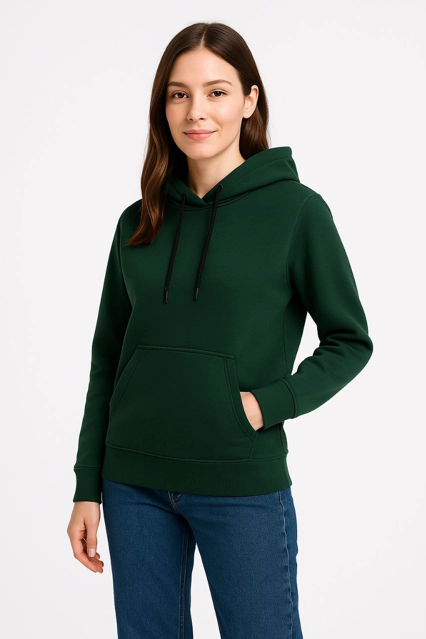 Kadın 3 İplik Pamuklu Kapüşonlu Kanguru Cepli Sweatshirt hoodie - Haki