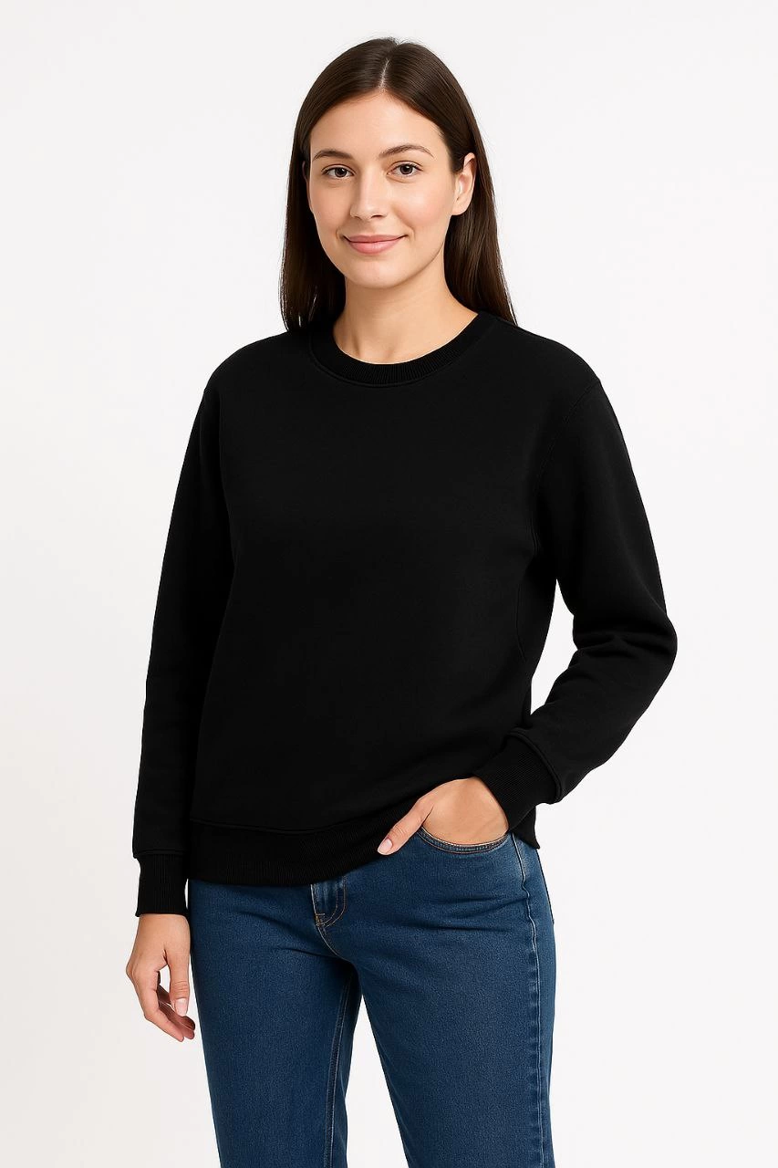 Kadın 3 İplik Pamuklu Düz Bisiklet Yaka SweatShirt - Siyah