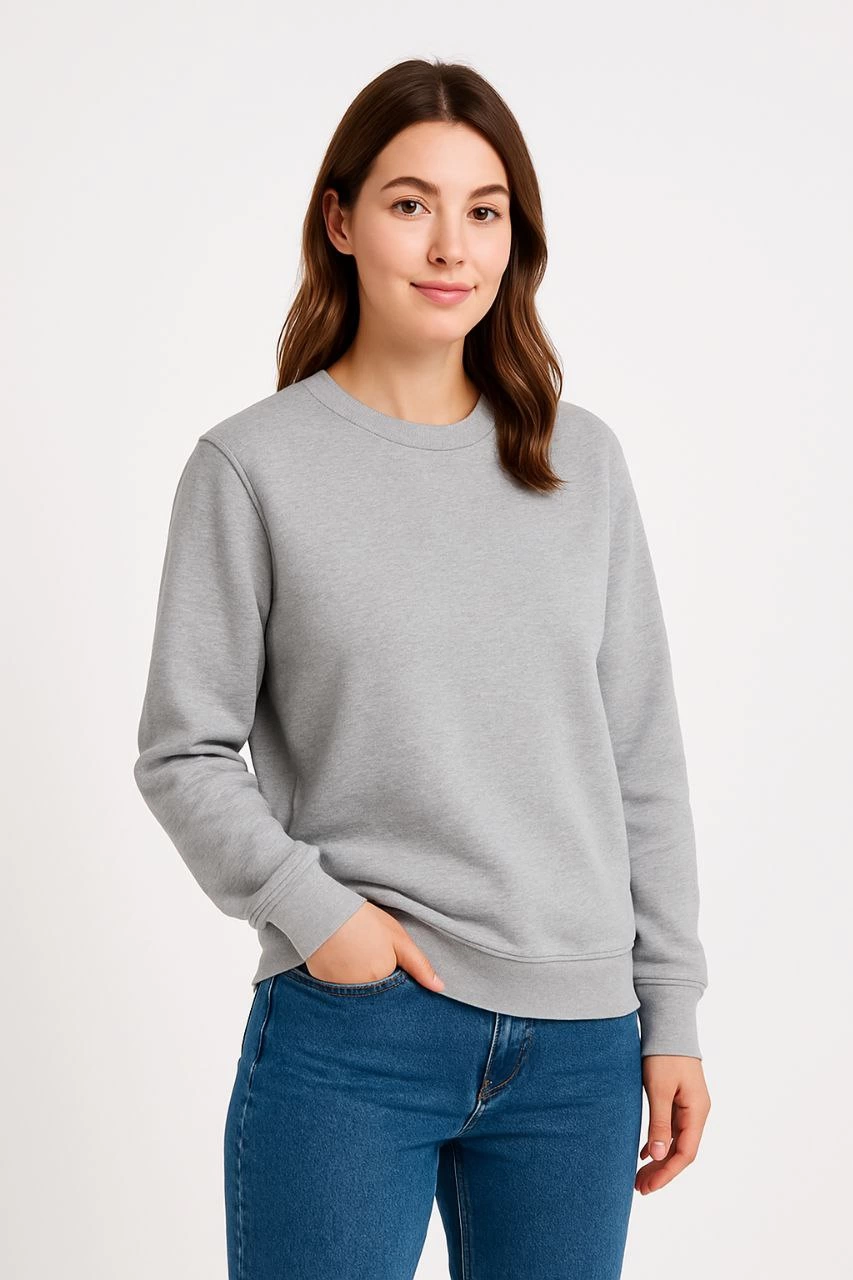 Kadın 3 İplik Pamuklu Düz Bisiklet Yaka SweatShirt - Gri