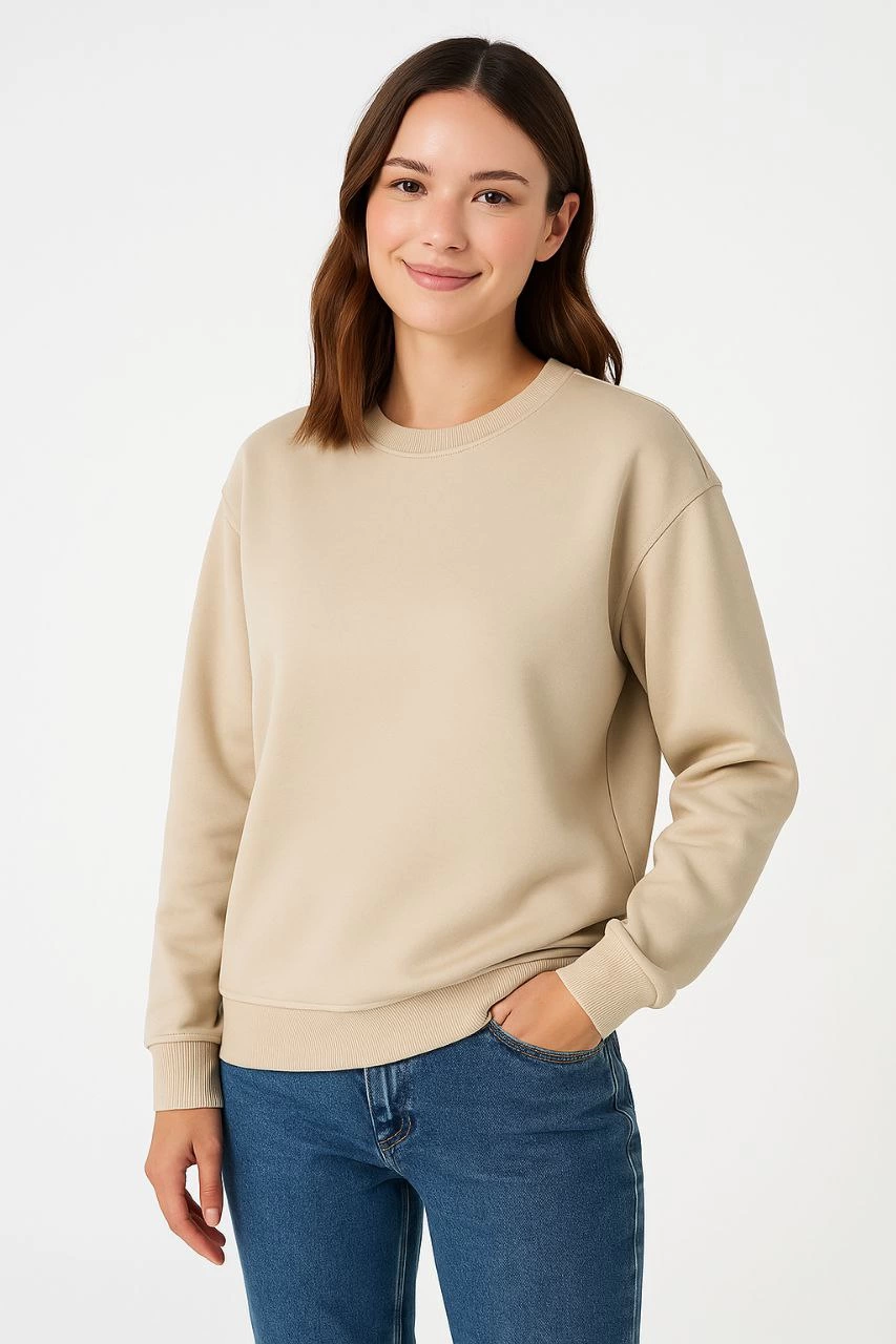 Kadın 3 İplik Pamuklu Düz Bisiklet Yaka SweatShirt - Bej