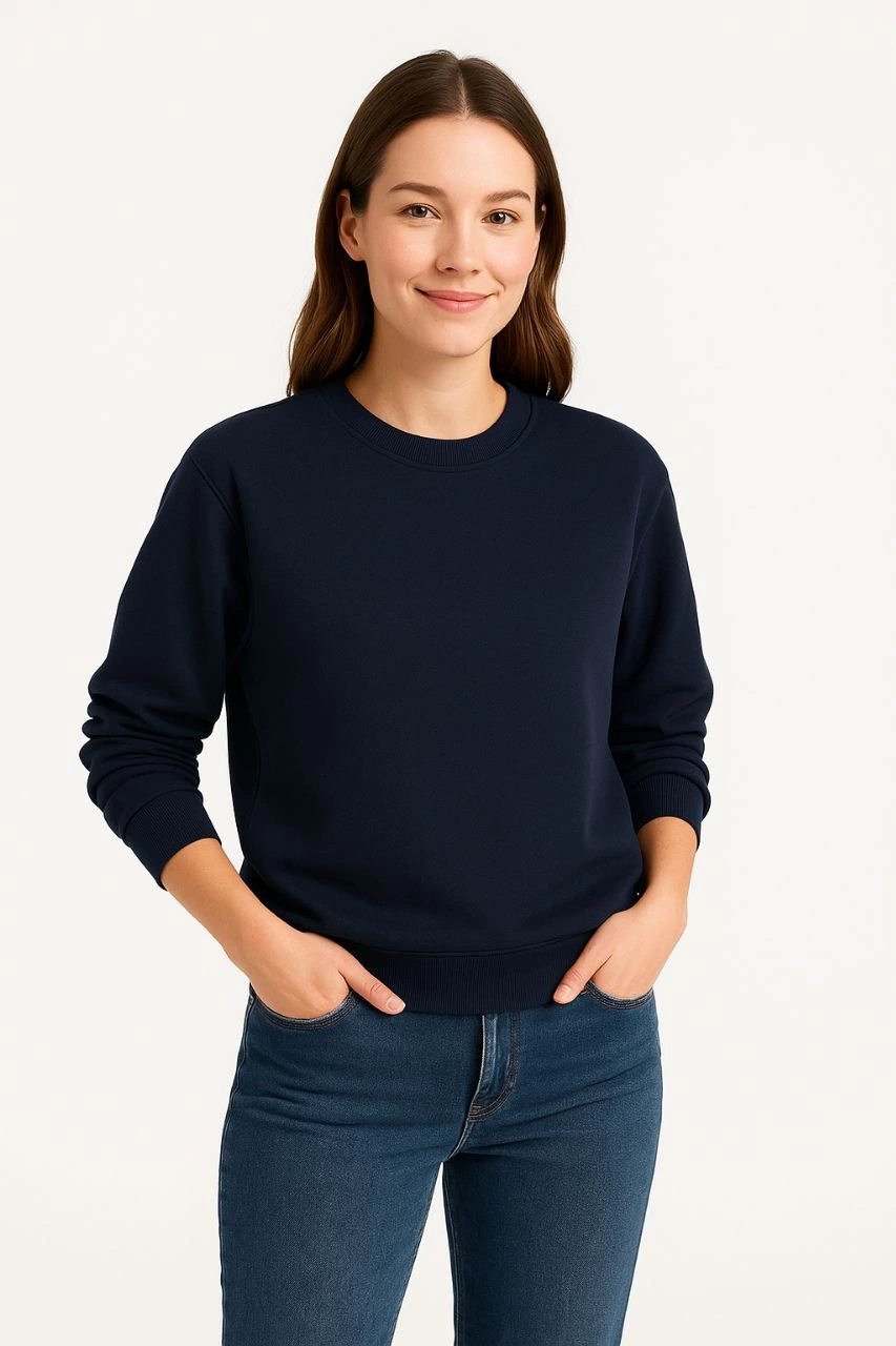 Kadın 3 İplik Pamuklu Düz Bisiklet Yaka SweatShirt - Lacivert