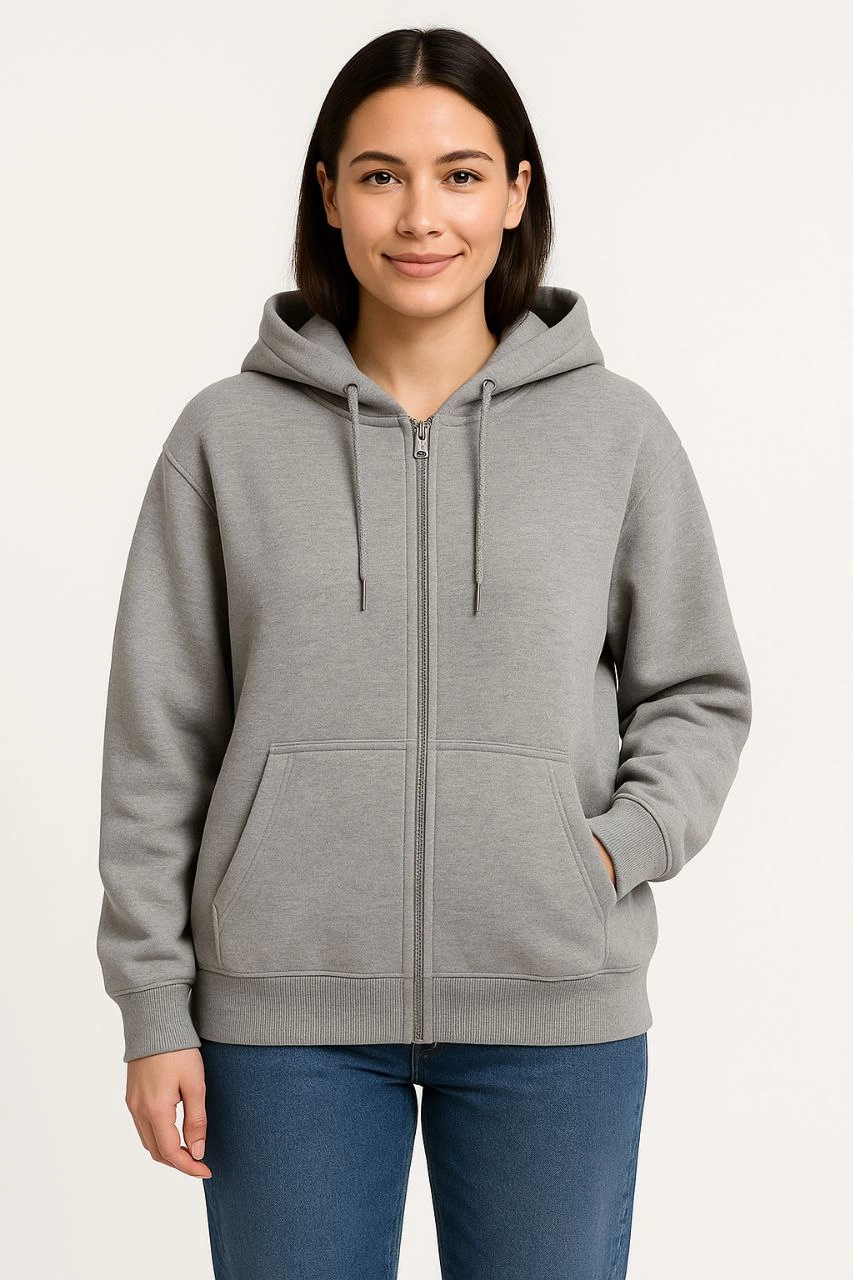 Kadın 3 İplik Pamuklu Kapüşonlu Tam Fermuarlı Kanguru Cepli Sweatshirt Hoodie - Gri
