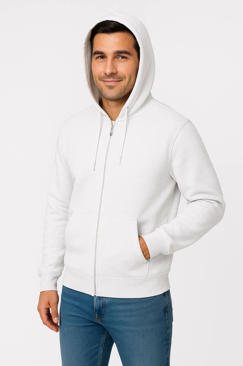 Erkek 3 İplik Pamuklu Kapüşonlu Tam Fermuarlı Cepli Hoodie Sweatshirt - Beyaz