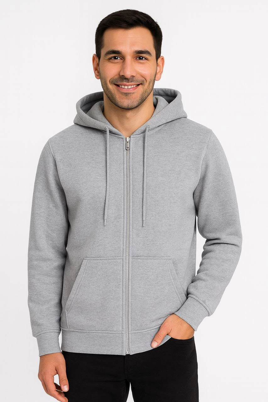 Erkek 3 İplik Pamuklu Kapüşonlu Tam Fermuarlı Cepli Hoodie Sweatshirt - Gri