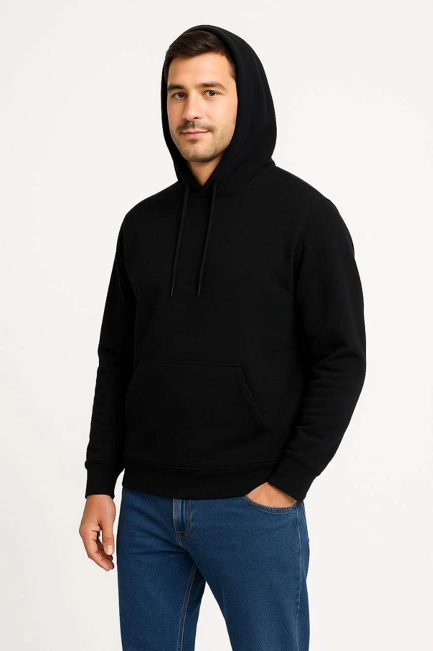 Erkek 3 İplik Pamuklu Kapüşonlu Kanguru Cepli SweatShirt hoodie - Siyah