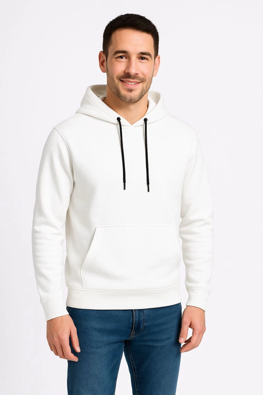 Erkek 3 İplik Pamuklu Kapüşonlu Kanguru Cepli SweatShirt hoodie - Beyaz