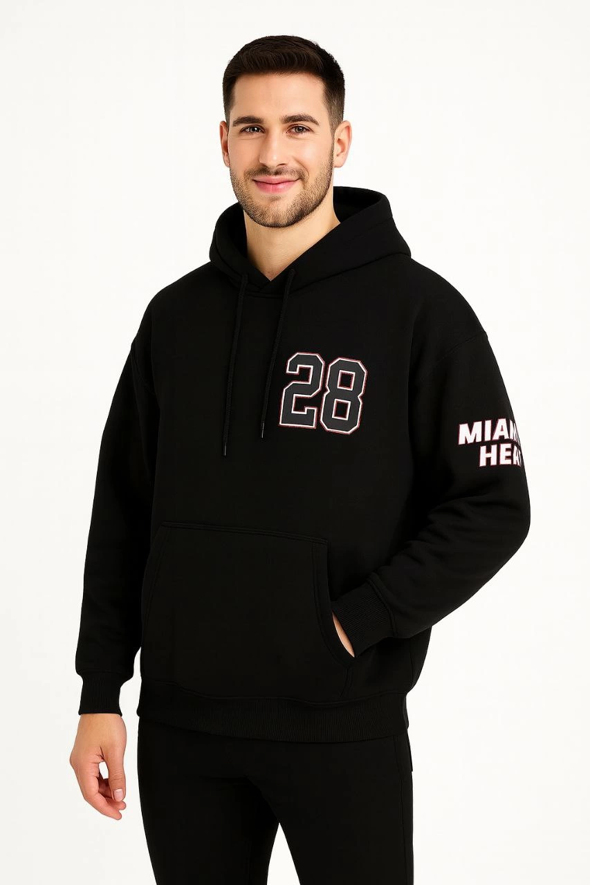 Erkek Kapüşonlu Kanguru Cepli Sweatshirt 3 İplik Pamuklu Baskılı Hoodie - Siyah