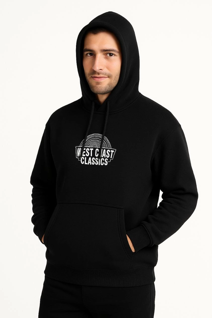 Erkek Kapüşonlu Kanguru Cepli Sweatshirt 3 İplik Pamuklu Baskılı Hoodie -  Siyah