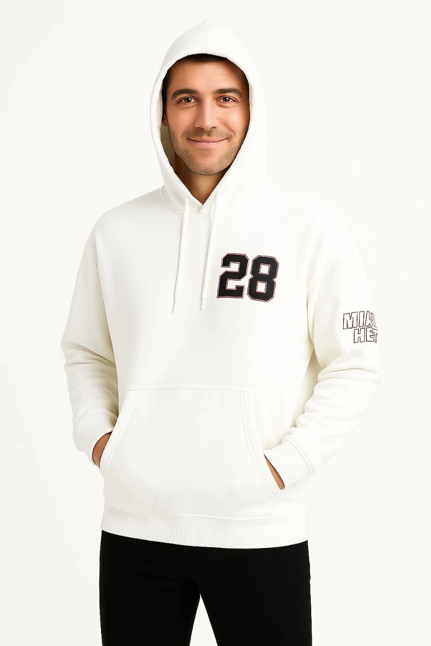 Erkek Kapüşonlu Kanguru Cepli Sweatshirt 3 İplik Pamuklu Baskılı Hoodie - Beyaz