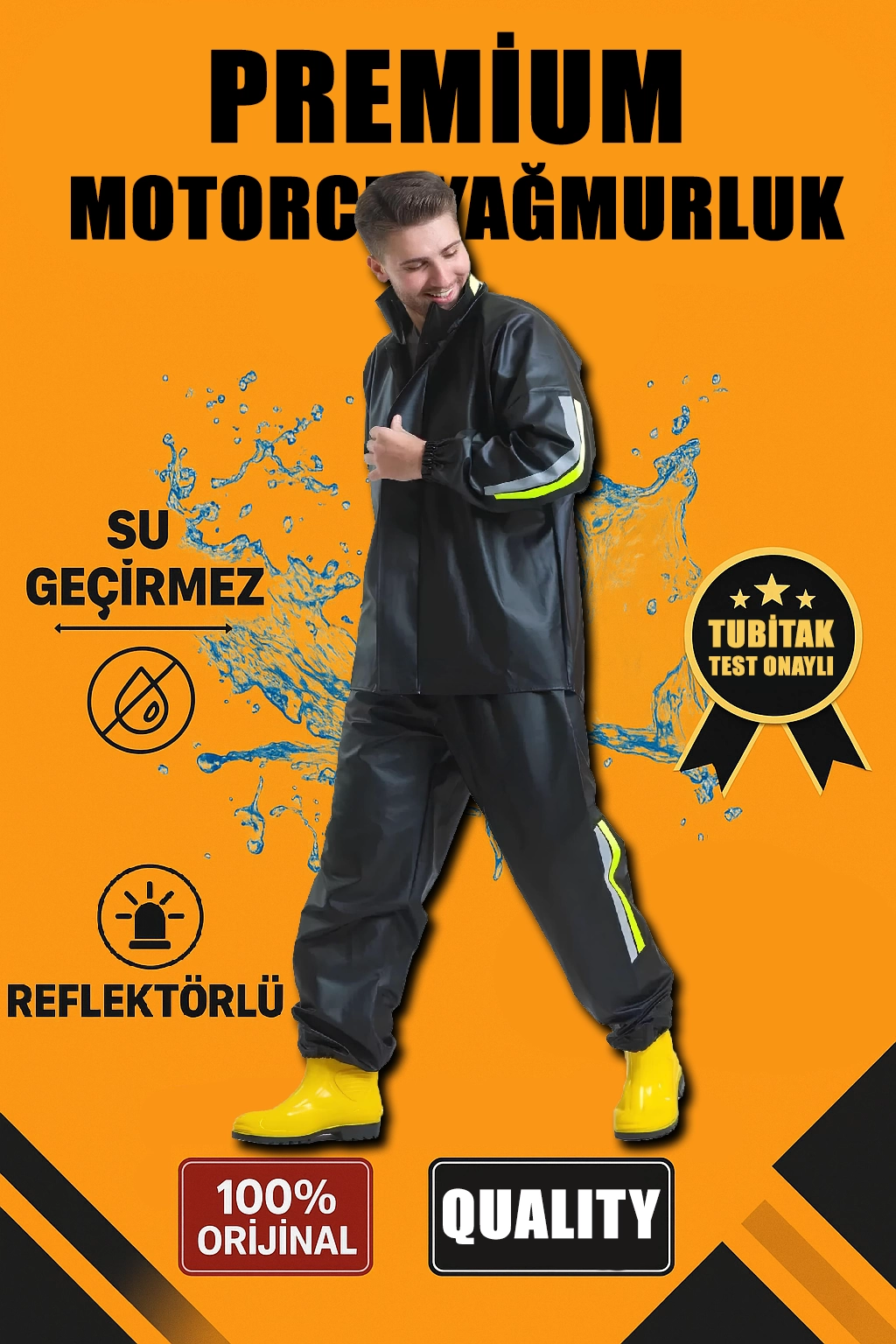Erkek Premium Motorcu Kurye Yağmurluk Takım Su Geçirmez PVC Kumaş Reflektörlü - Siyah