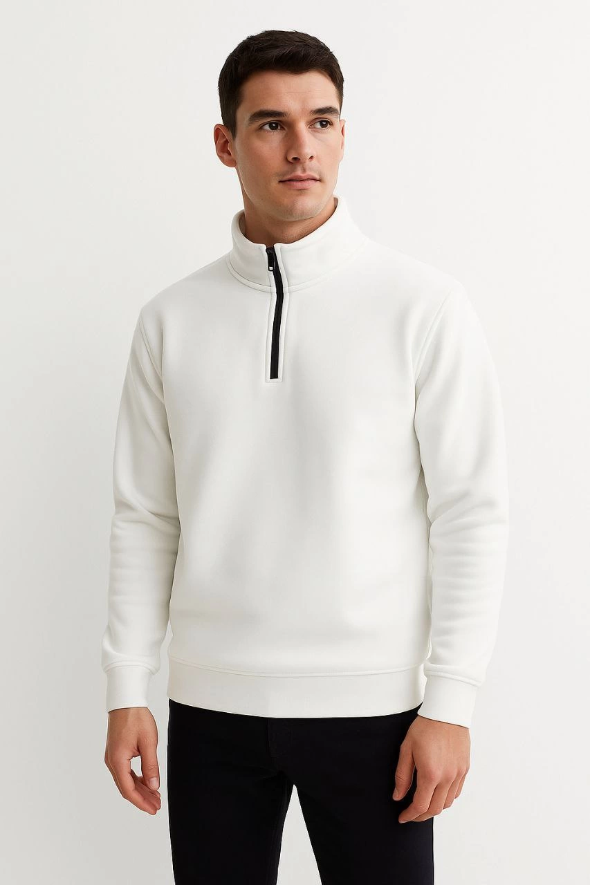 Erkek Dik Yaka Yarım Fermuarlı 3 İplik Pamuklu Sweatshirt - Beyaz