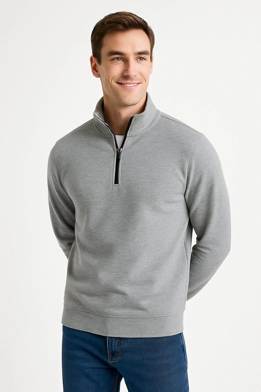 Erkek Dik Yaka Yarım Fermuarlı 3 İplik Pamuklu Sweatshirt - Gri