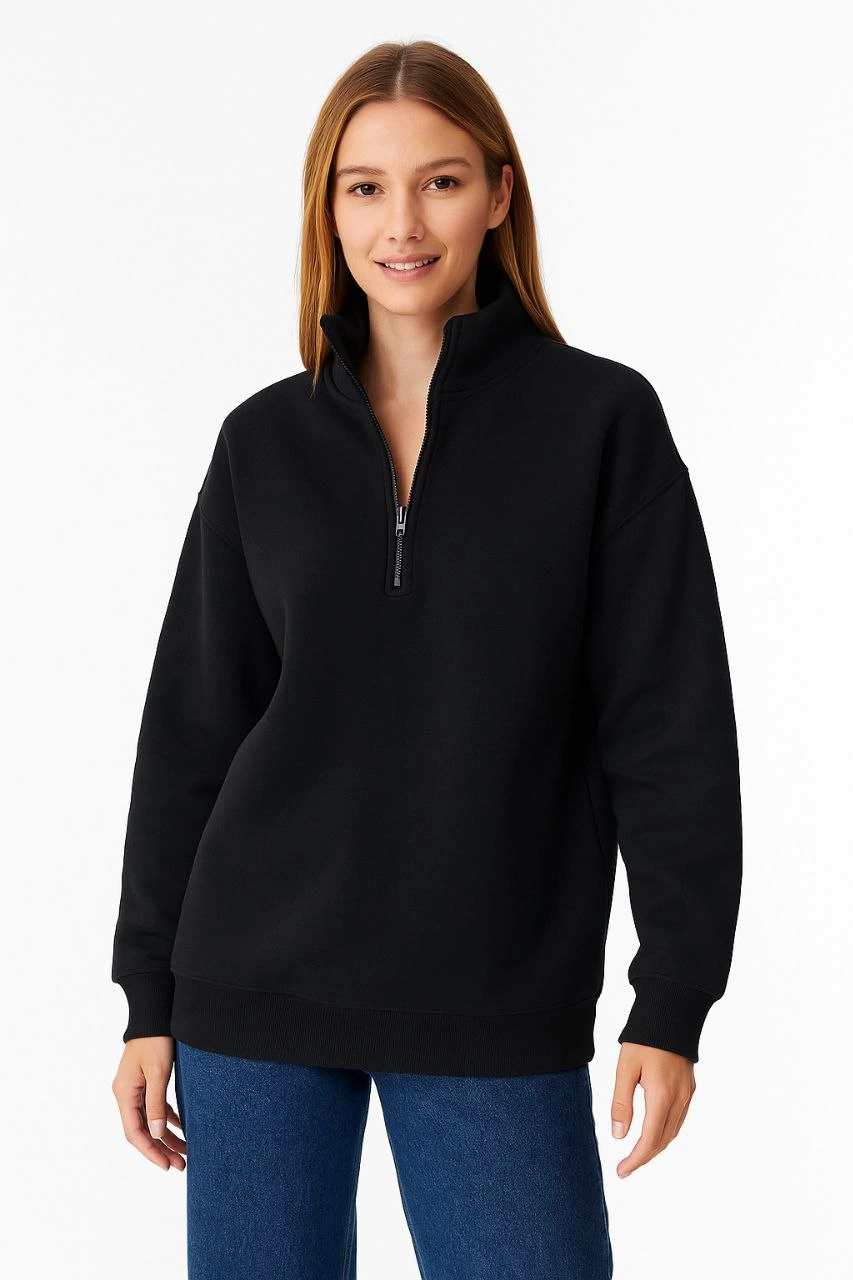 Kadın 3 İplik Pamuklu Dık Yaka Yarım Fermuarlı SweatShirt - Siyah