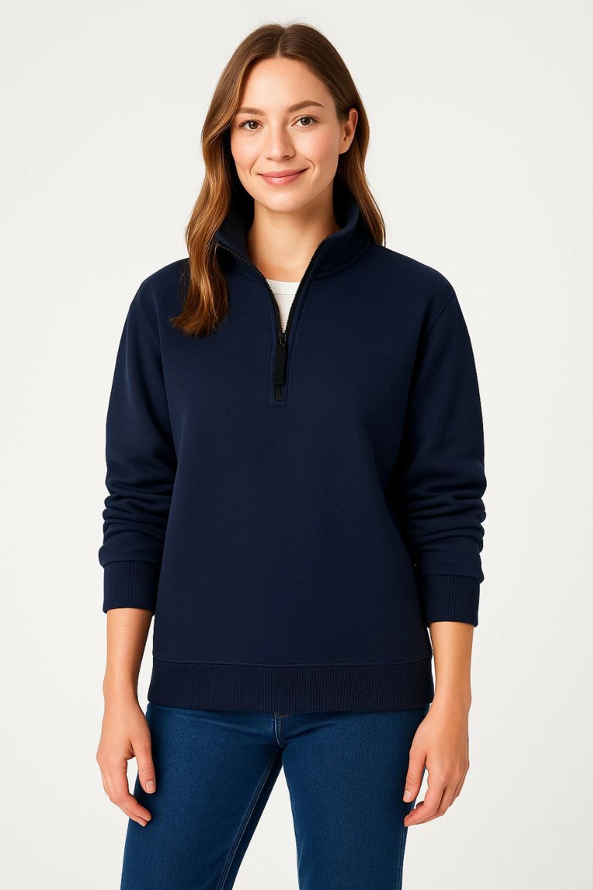 Kadın 3 İplik Pamuklu Dık Yaka Yarım Fermuarlı SweatShirt - Lacivert