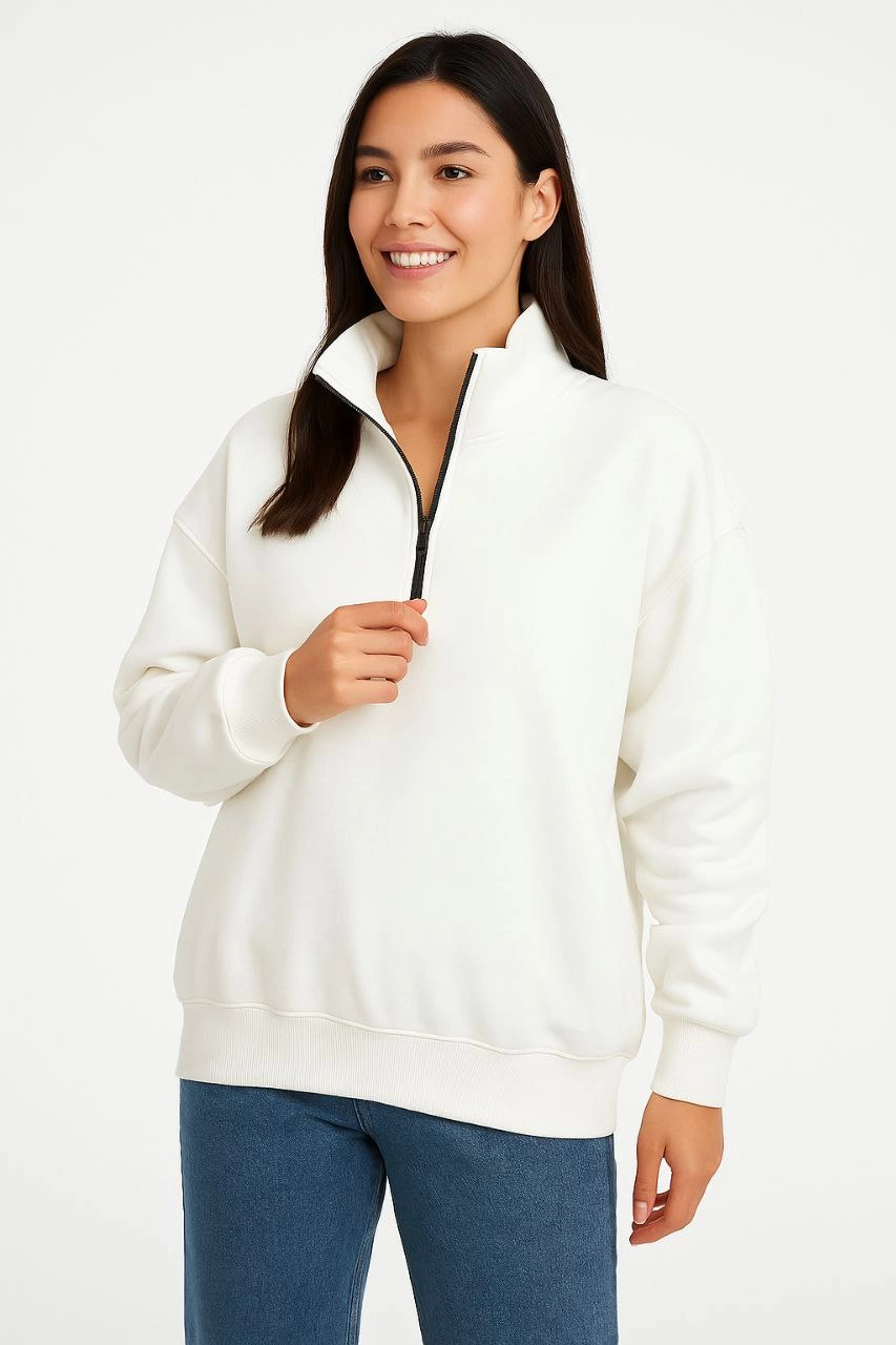 Kadın 3 İplik Pamuklu Dık Yaka Yarım Fermuarlı SweatShirt - Beyaz