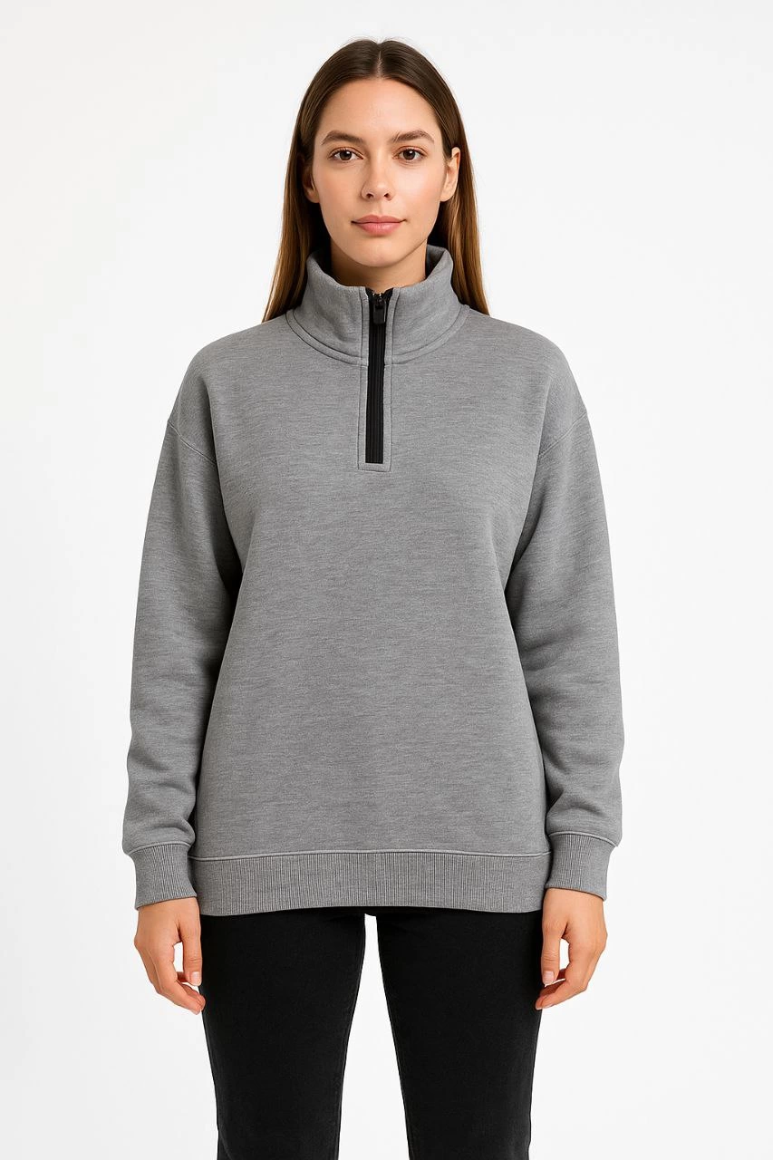 Kadın 3 İplik Pamuklu Dık Yaka Yarım Fermuarlı SweatShirt - Gri
