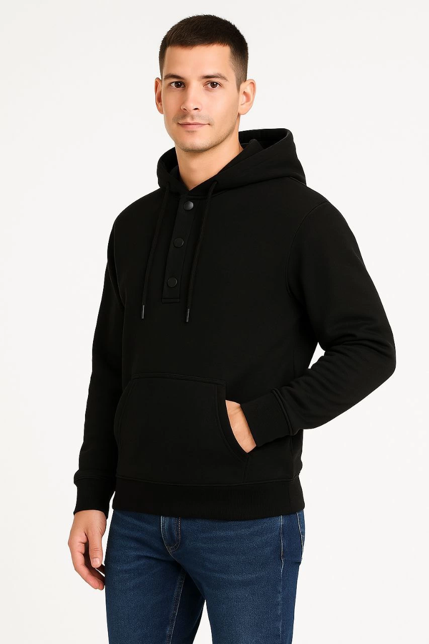 Erkek Kapüşonlu Hoodie Cepli Çıtçıtlı 3 İplik Pamuklu Sweatshirt - Siyah