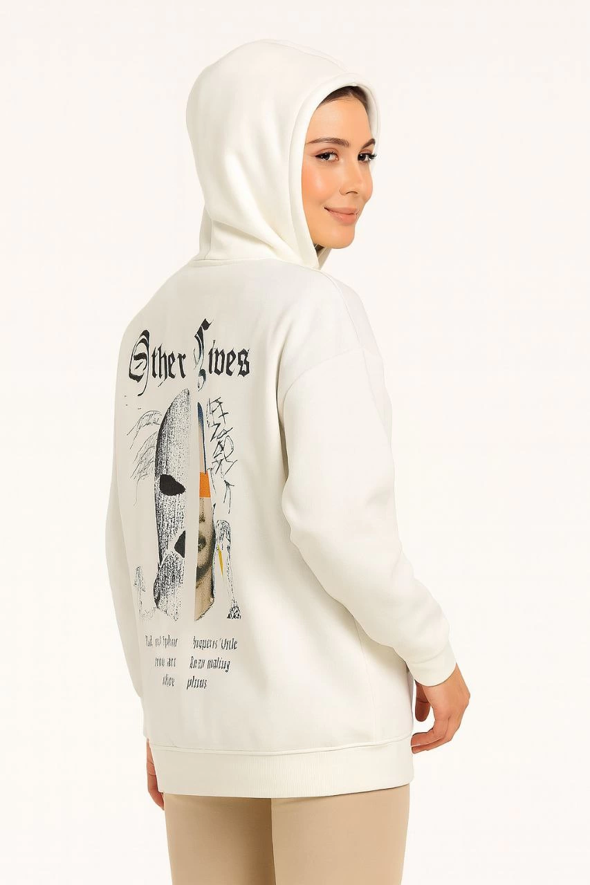 Kadın Oversize Kapüşonlu Kanguru Cepli Baskılı 3 İplik Pamuklu Sweatshirt Hoodie - Beyaz