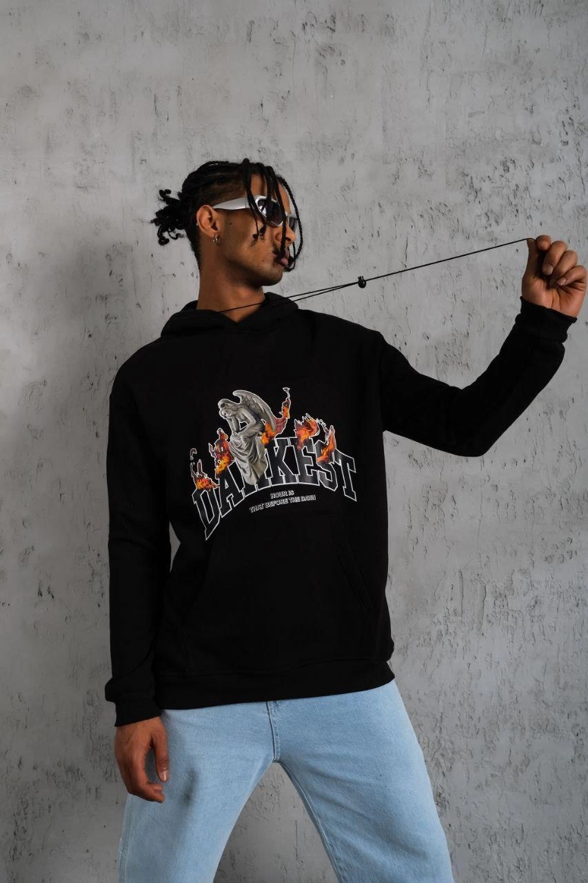 Erkek Kapüşonlu Kanguru Cepli Sweatshirt 3 İplik Pamuklu Baskılı Hoodie - Siyah