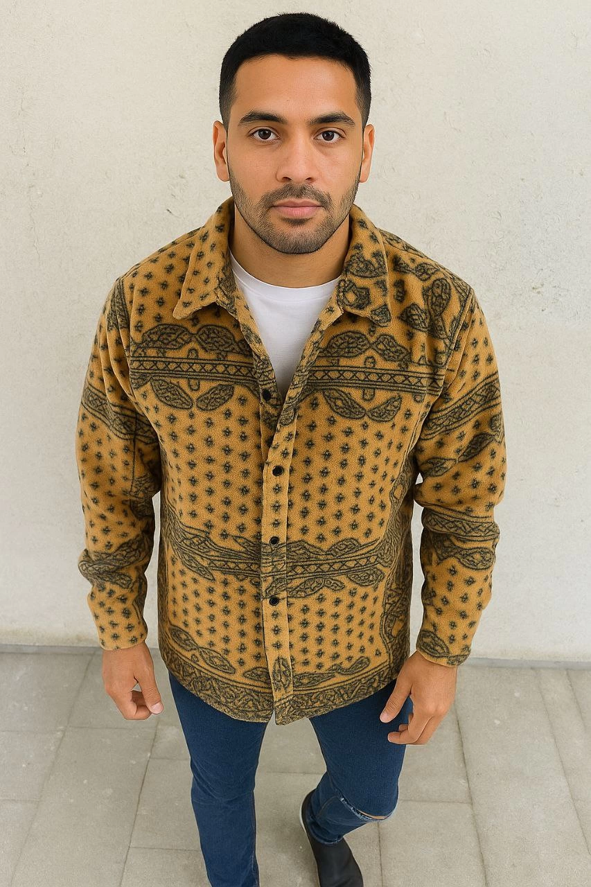 Erkek Düğmeli Gömlek Polar Sweatshirt Yumuşak Dokulu Oversize Kalıp -Sarı