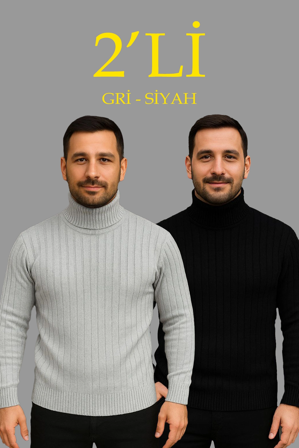 Erkek Fitilli Kazak Tam Boğazlı Balıkçı Yaka Triko 2'li Set Gri-Siyah