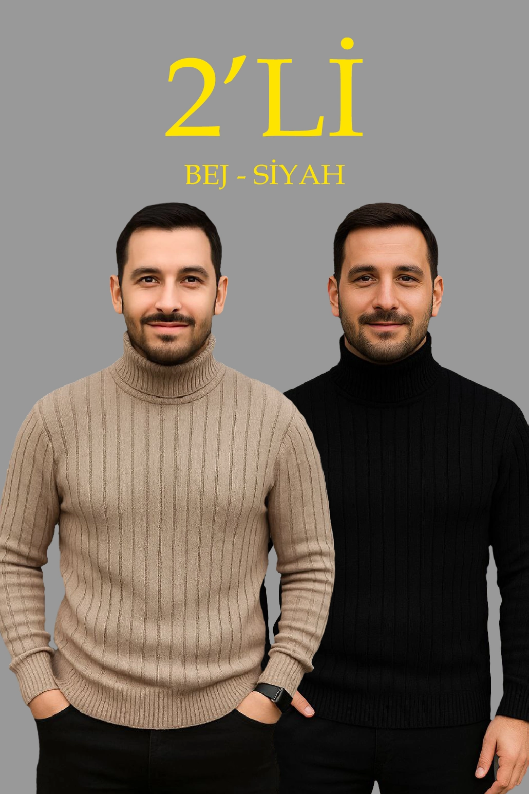 Erkek Fitilli Kazak Tam Boğazlı Balıkçı Yaka Triko 2'li Set Bej-Siyah