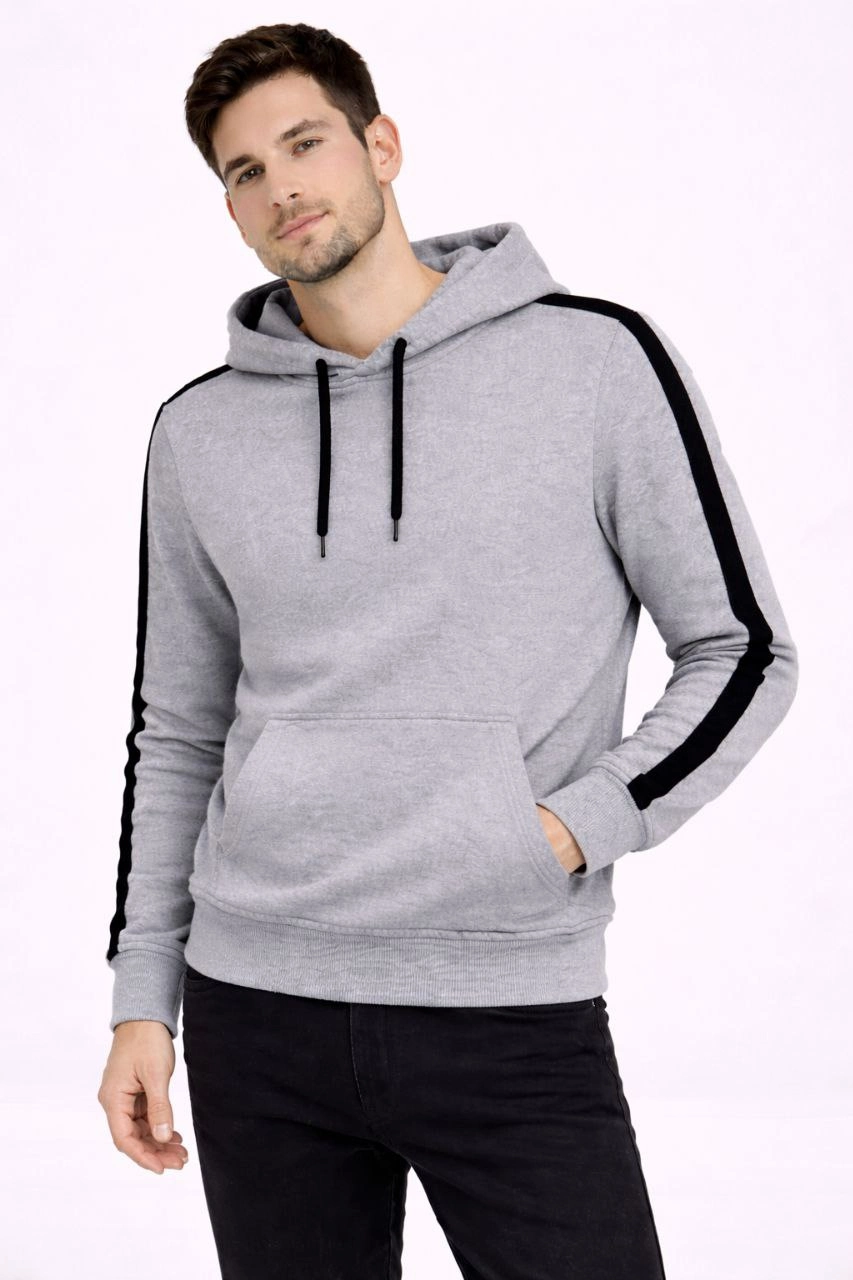 Erkek Şeritli Kapüşonlu Sweatshirt Oversize 3 iplik Pamuklu Hoodie - Gri