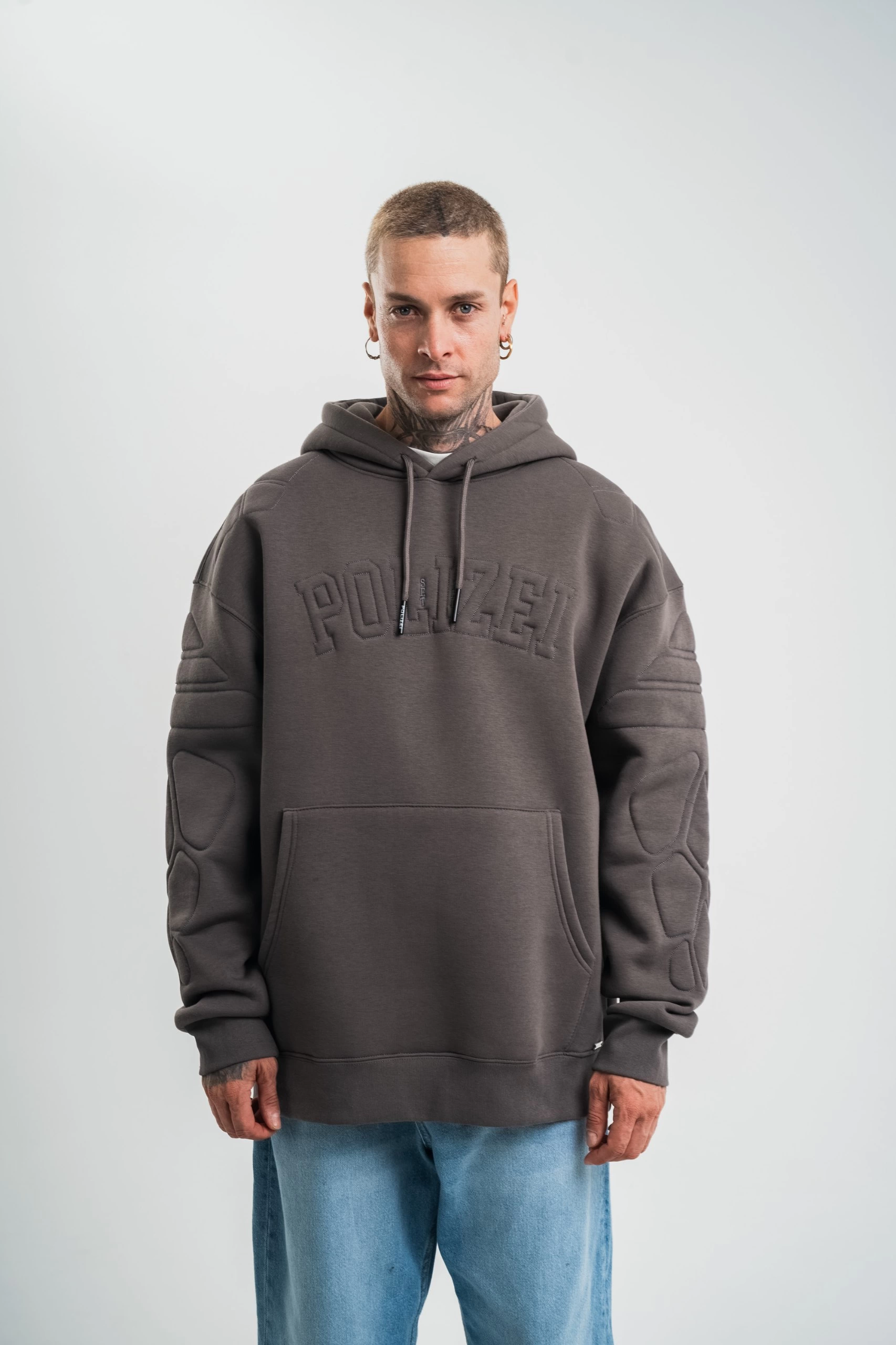 Erkek Nakışlı Kapüşonlu Oversize 3 İplik Pamuklu SweatShirt Hoodie - Füme