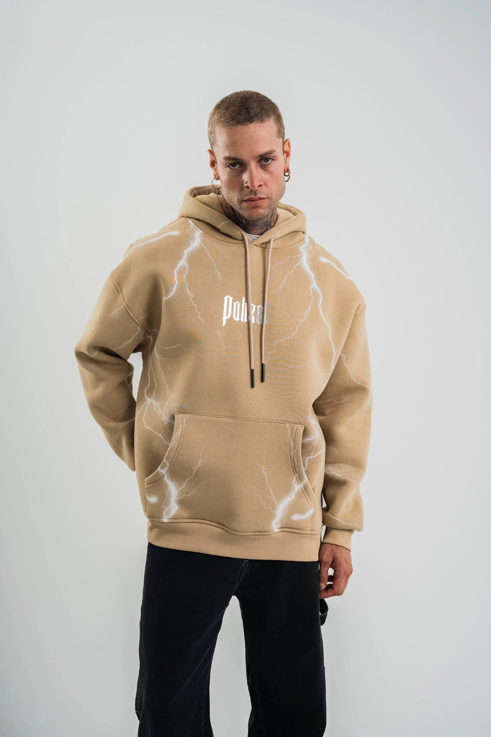Erkek Baskılı Kapüşonlu Oversize 3 İplik Pamuklu SweatShirt Hoodie - Bej