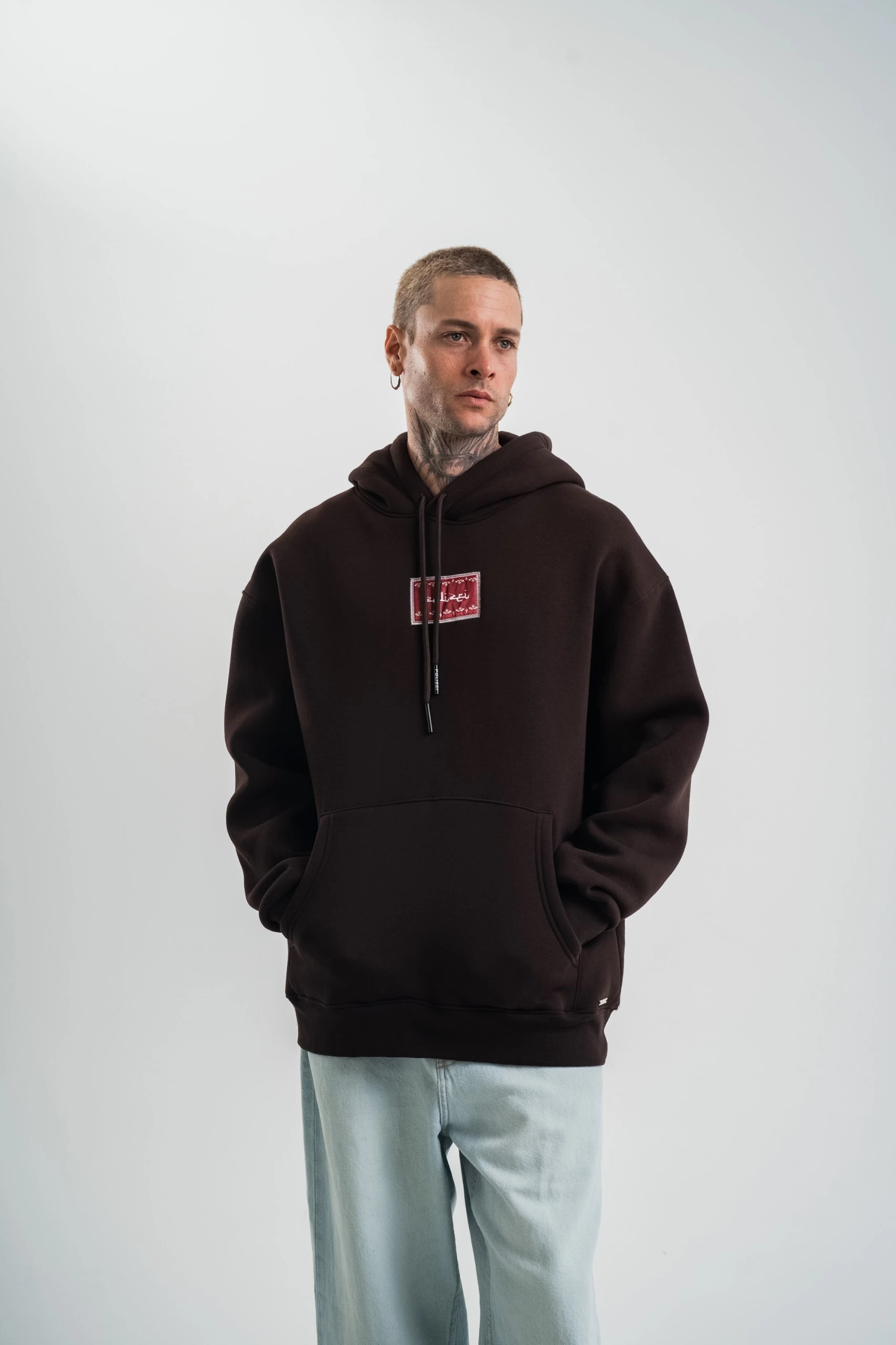 Erkek Nakışlı Kapüşonlu Oversize 3 İplik Pamuklu SweatShirt Hoodie - Siyah