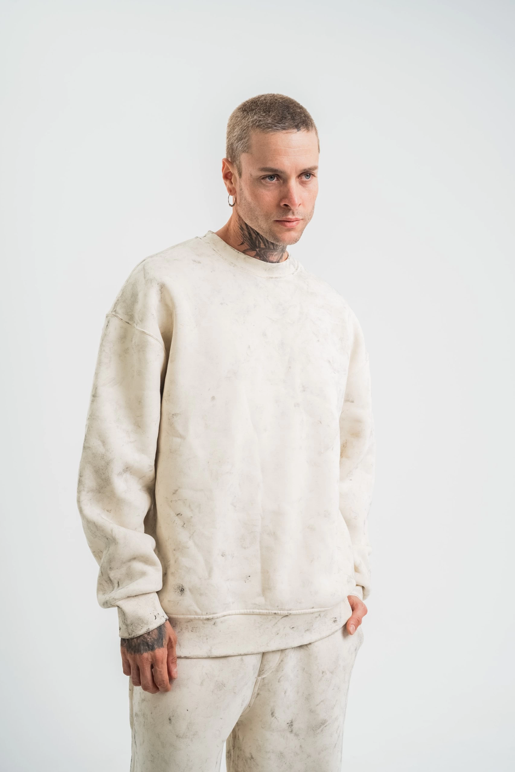 Erkek 3 İplik Pamuklu Yağ Yıkamalı Bisiklet Yaka Sweatshirt Oversize Hoodie - Krem