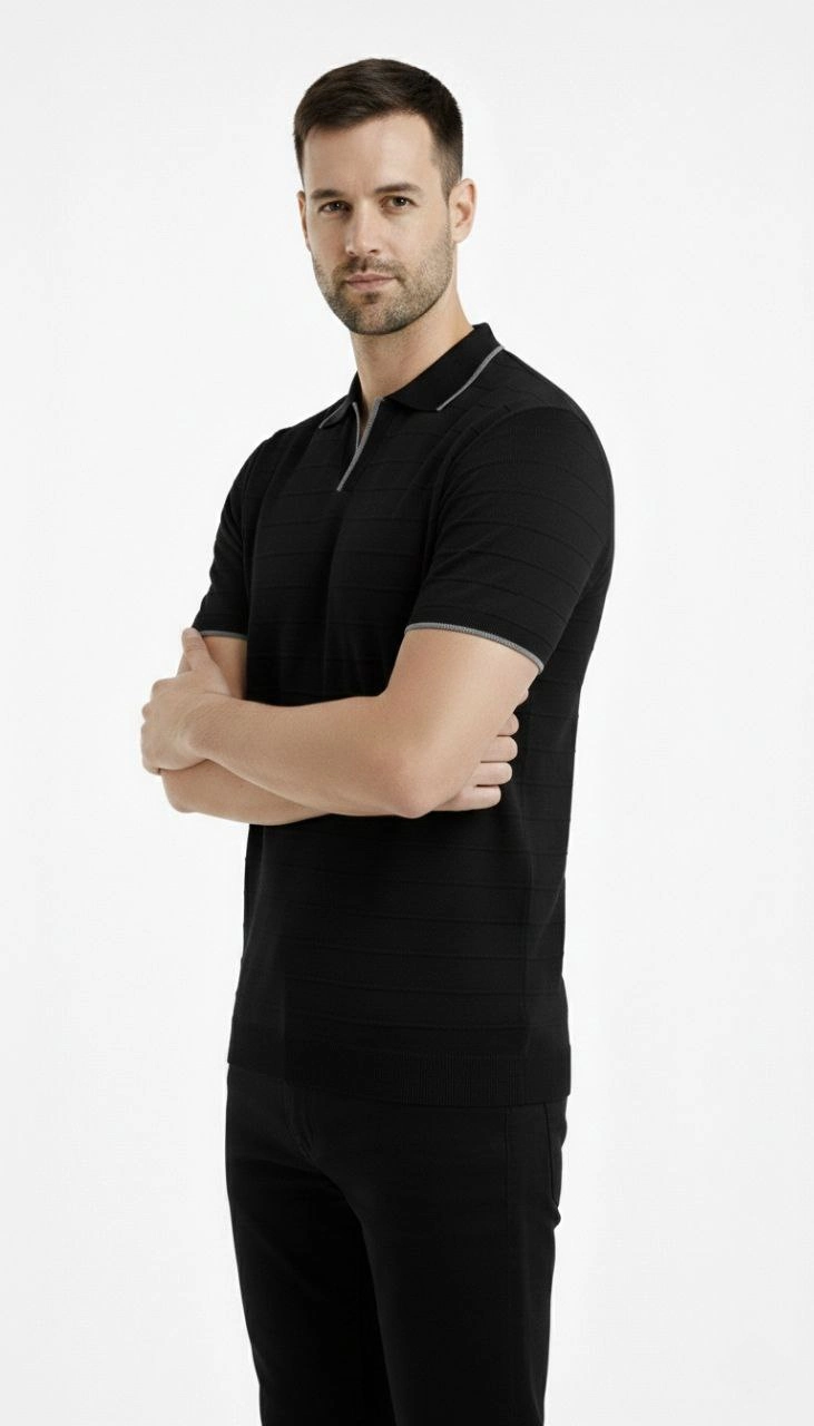 Erkek Yazlık Dokuma Triko Tişört Düğmesiz Polo Yaka Kısa Kol T-Shirt - Siyah