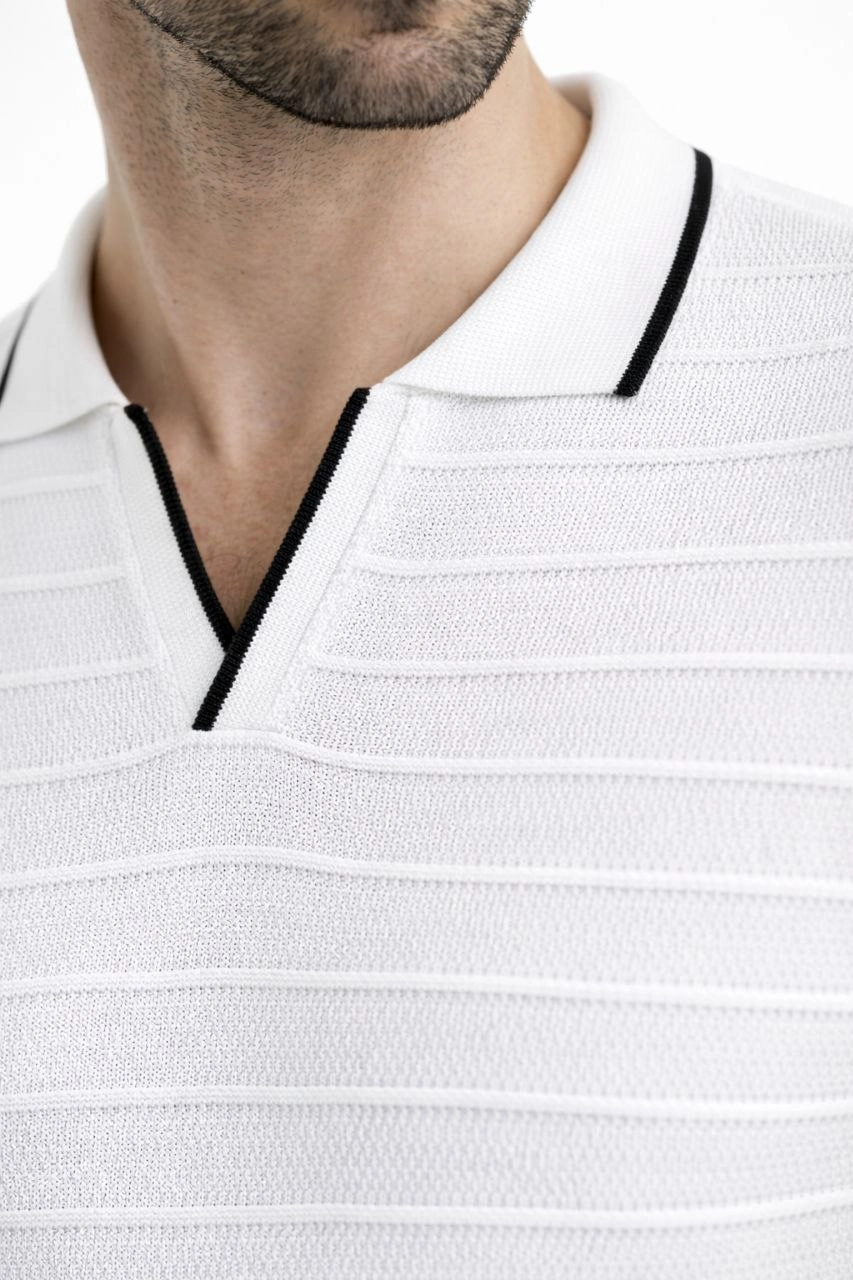 Erkek Yazlık Dokuma Triko Tişört Düğmesiz Polo Yaka Kısa Kol T-Shirt - Beyaz