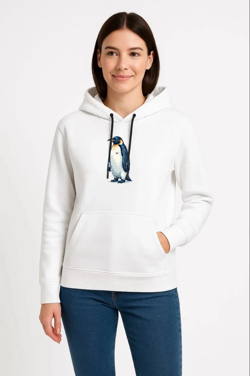 Kadın 3 İplik Pamuklu Kapüşonlu Hoodie Sweatshirt Survivor Penguen Baskılı - Beyaz