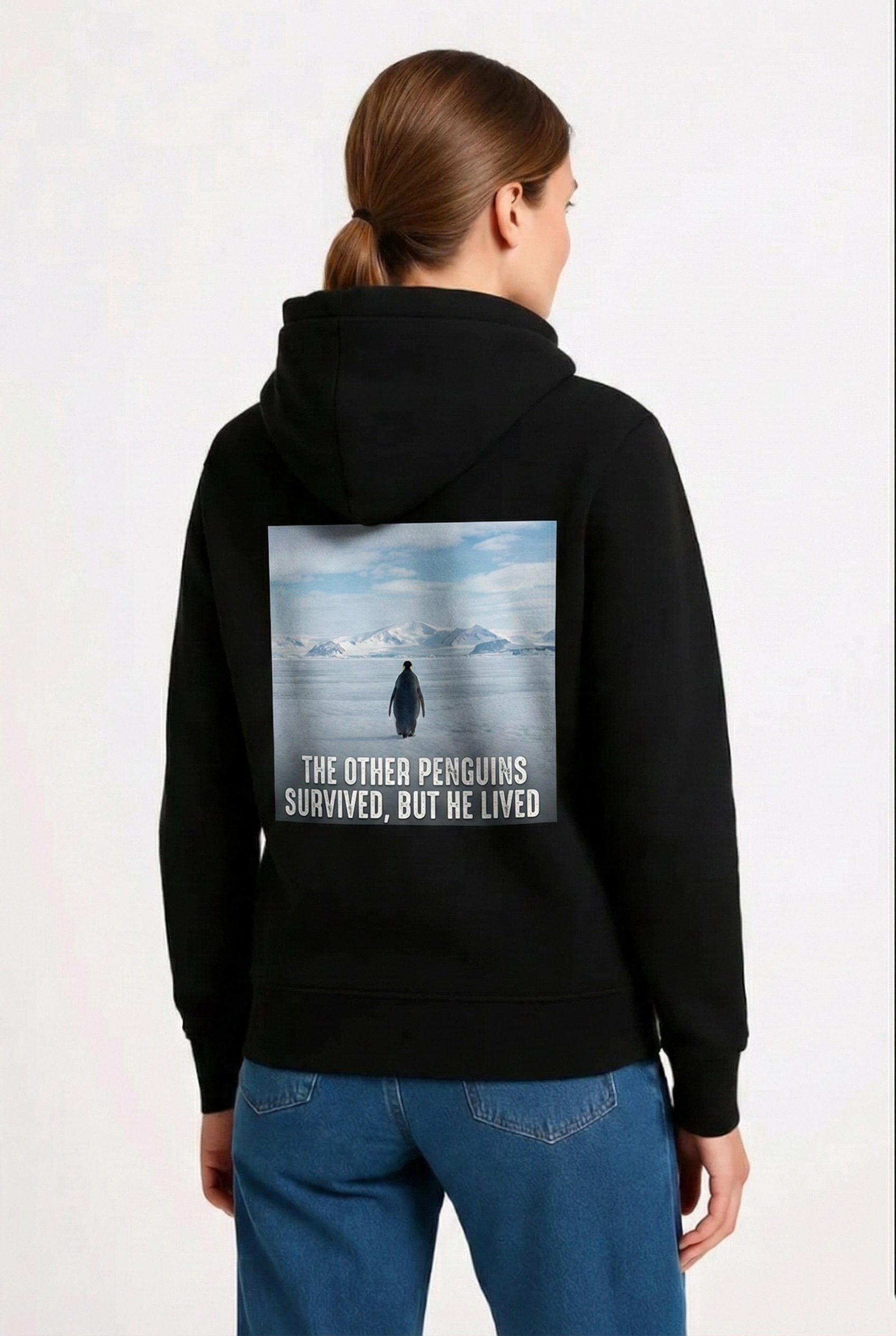 Kadın 3 İplik Pamuklu Kapüşonlu Hoodie Sweatshirt Survivor Penguen Baskılı - Siyah