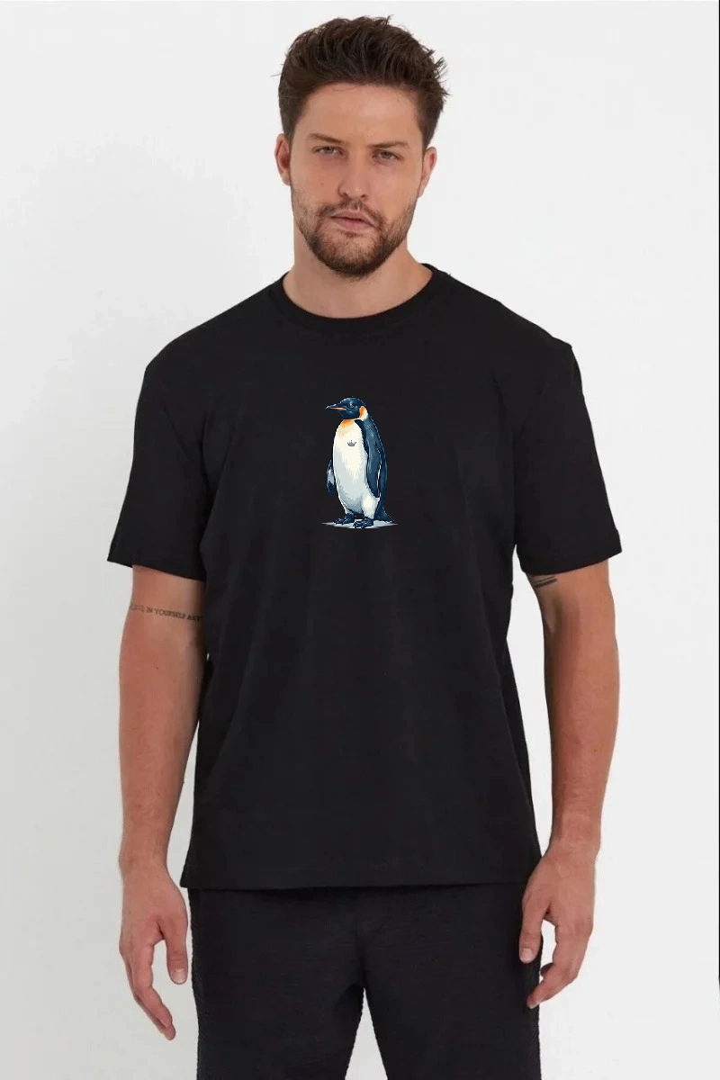 Erkek T-Shirt Penguen Baskılı Bisiklet Yaka Kısa kol yazlık Tişört - Siyah