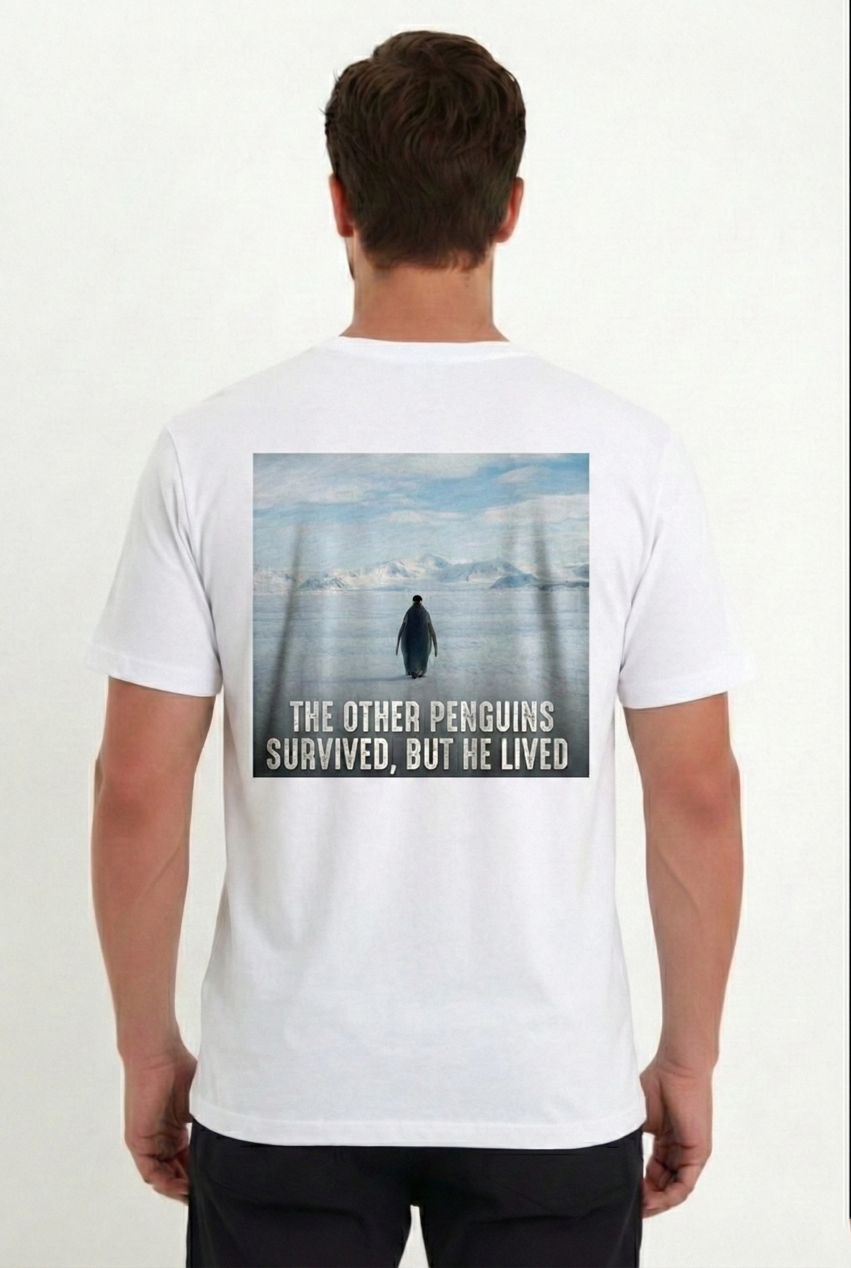 Erkek T-Shirt Penguen Baskılı Bisiklet Yaka Kısa kol yazlık Tişört - Beyaz