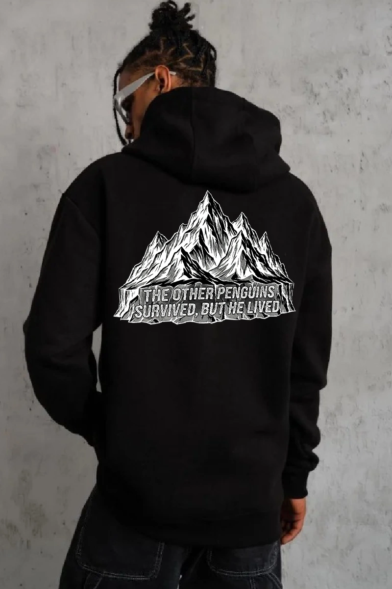 Erkek Nihilist Penguen Baskılı 3 İplik Pamuklu Kapüşonlu Sweatshirt Hoodie Siyah