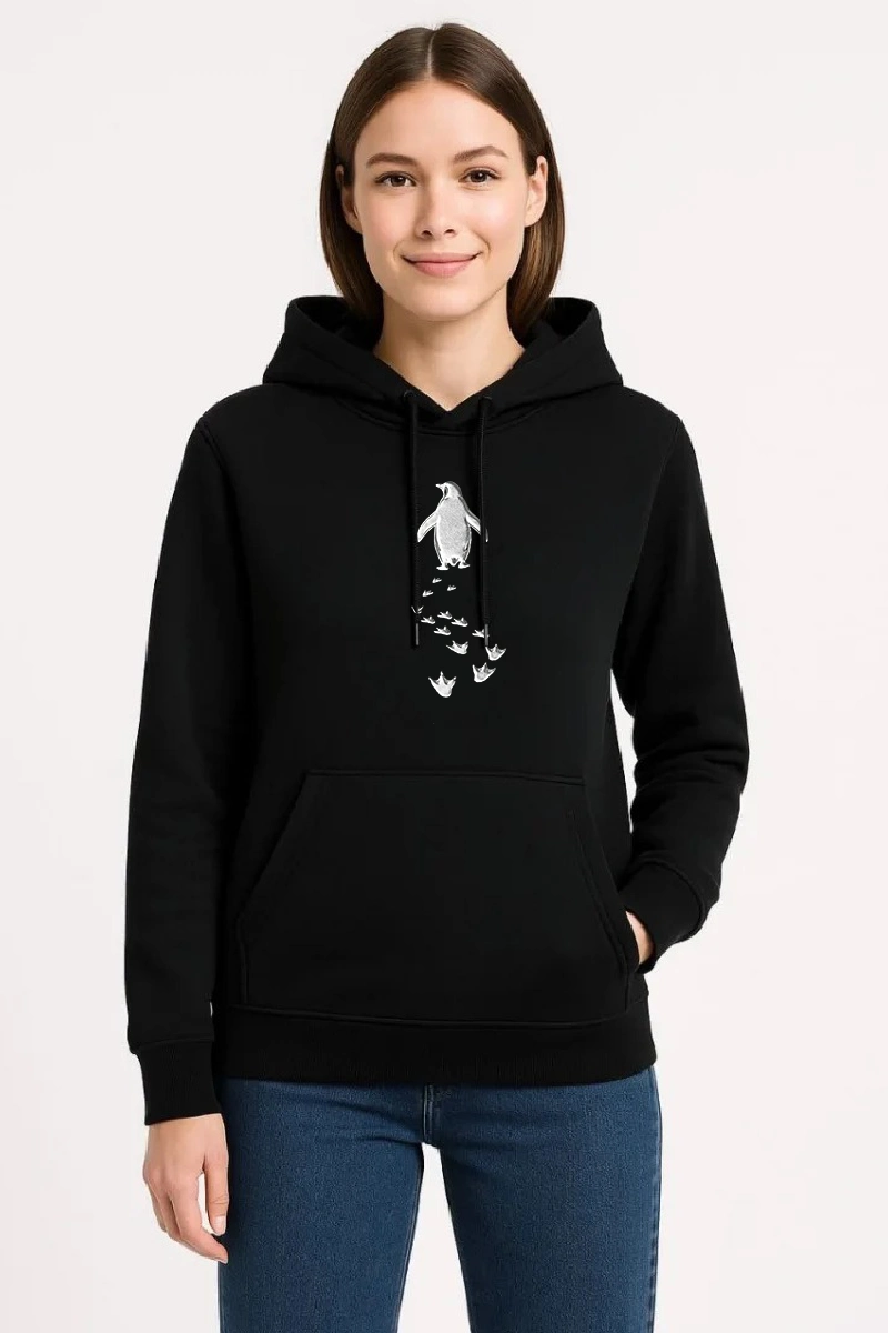 Kadın 3 İplik Pamuklu Kapüşonlu Hoodie Sweatshirt Nihilist Penguen Baskılı - Siyah