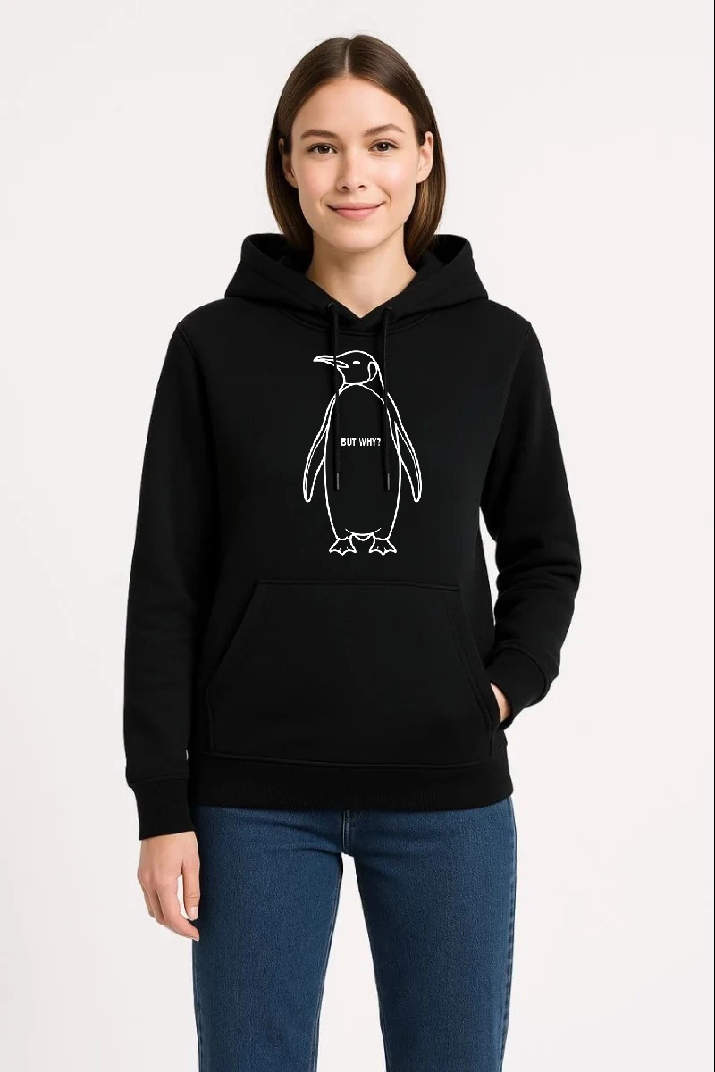 Kadın 3 İplik Pamuklu Kapüşonlu Hoodie Sweatshirt Nihilist Penguen Baskılı - Siyah