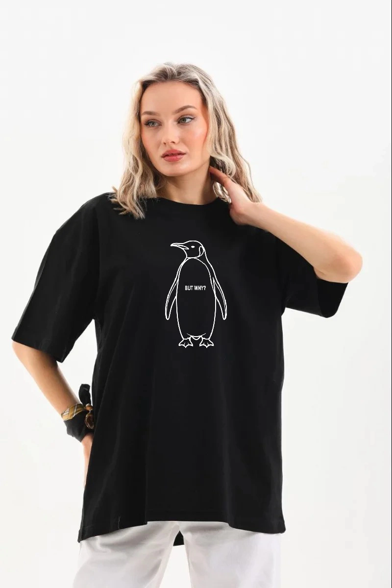 Kadın T-Shirt Nihilist Penguen Baskılı Bisiklet Yaka Kısa kol yazlık Tişört - Siyah