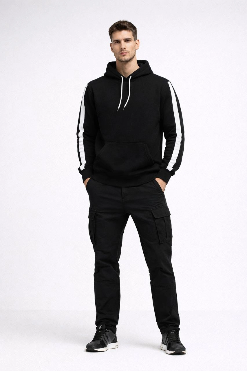 Erkek Şeritli Kapüşonlu Sweatshirt Oversize 3 iplik Pamuklu Hoodie - Siyah