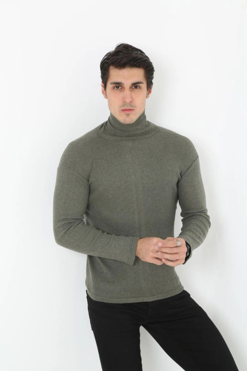 Erkek Fitilli Kaşkorse Kumaş Boğazlı Full Likralı Slimfit Body - Haki