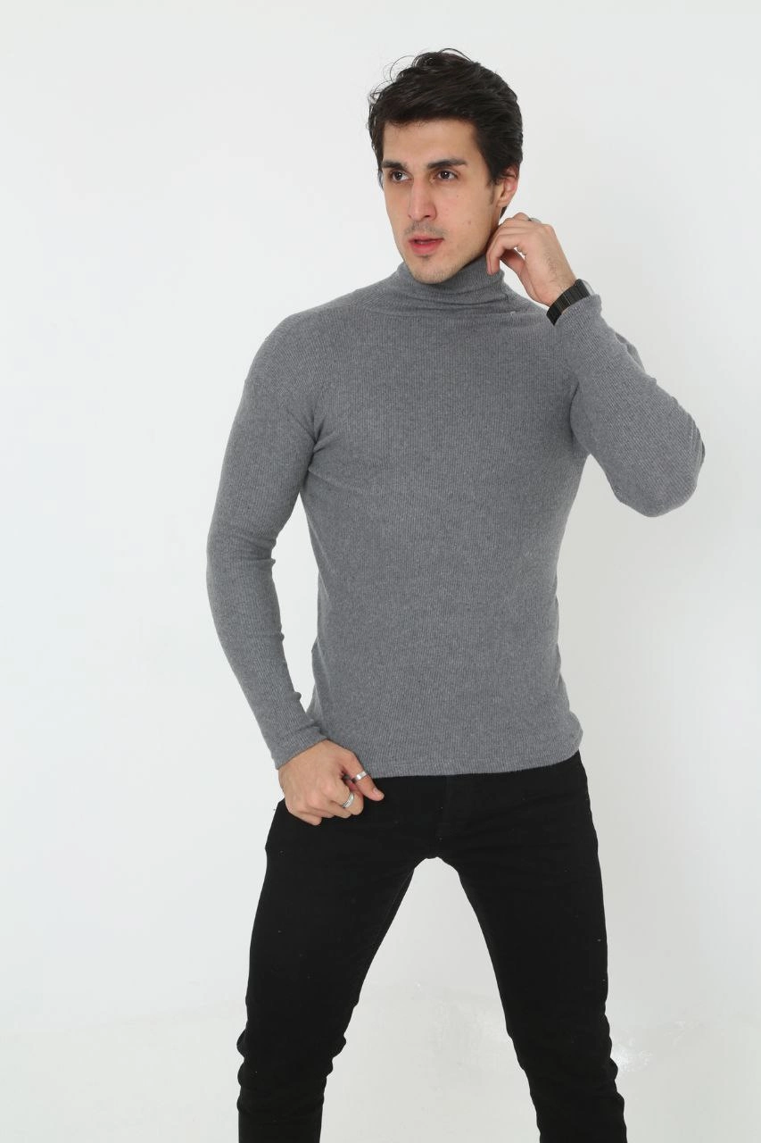 Erkek Fitilli Kaşkorse Kumaş Boğazlı Full Likralı Slimfit Body - Füme