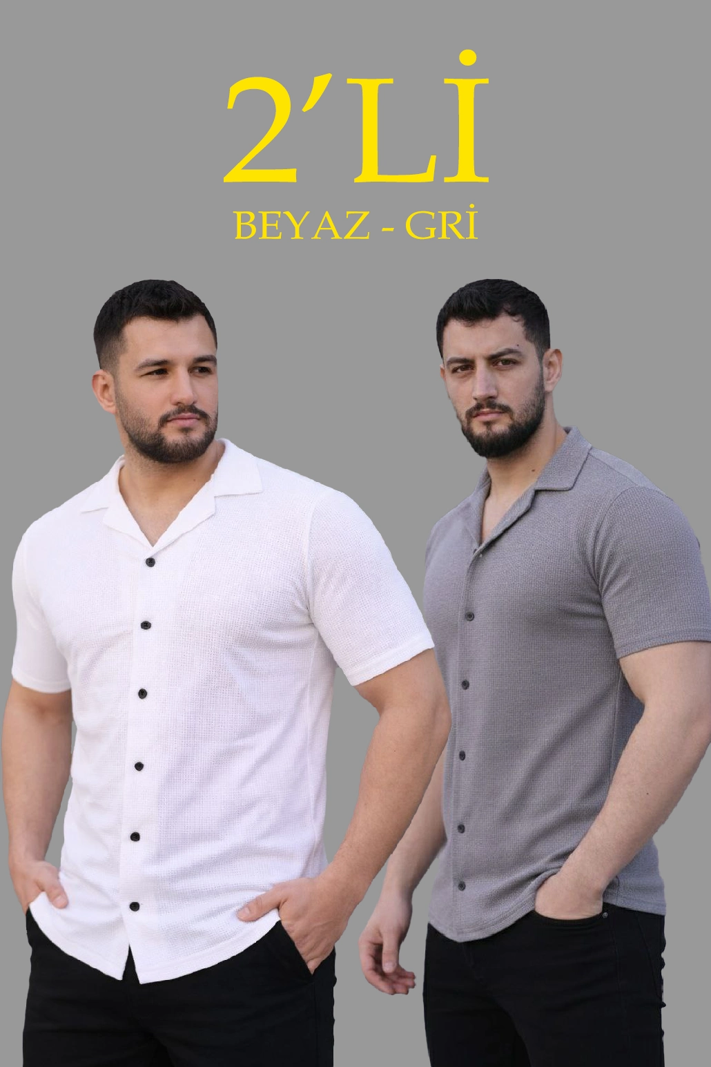 Erkek Waffle Dokuma Kumaş Açık Yakalı Düğmeli Gömlek 2’li Set Beyaz-Gri