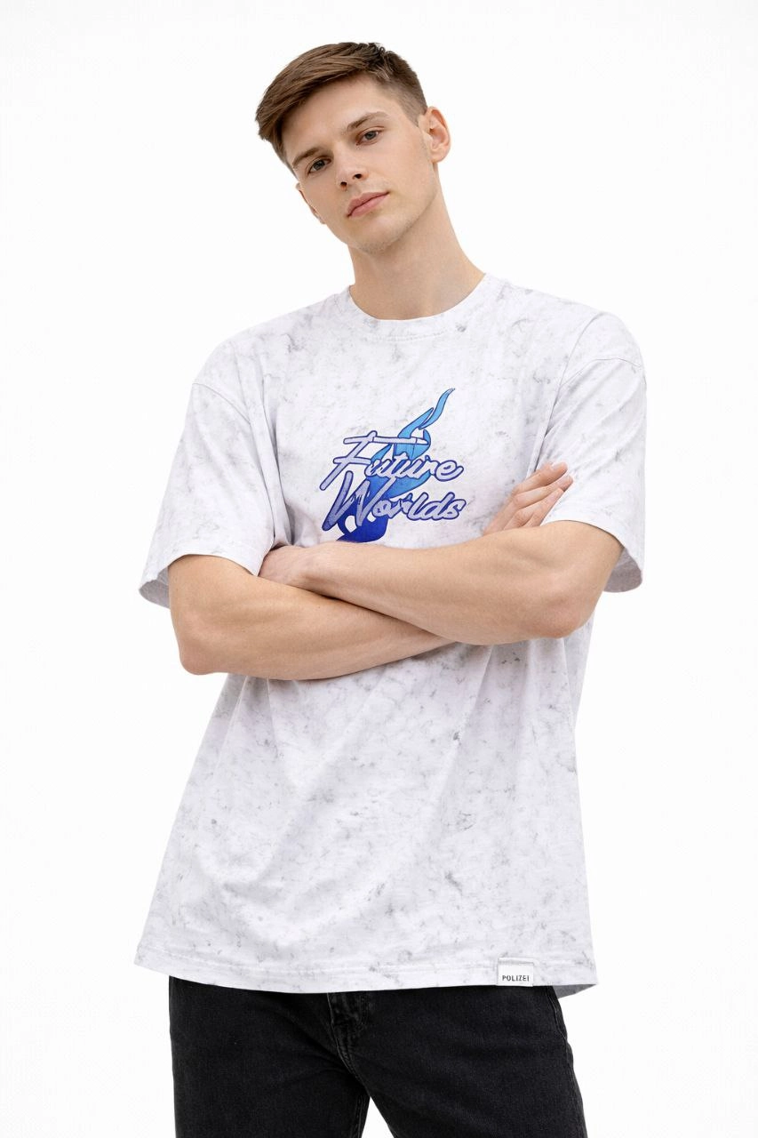 Erkek Asit Yıkamalı Oversize Tişört Bisiklet Yaka Kısa Kol T-shirt - Beyaz