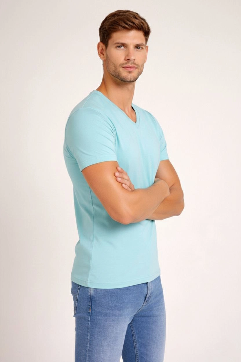 Erkek Body T-shirt V Yaka Slim Fit Likralı Kısa kol Tişört - Turkuvaz